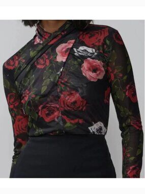 NEW YORK & COMPANY NY&CO Rose Cross Neck Mesh Top Black Red Floral Long Sleeve L